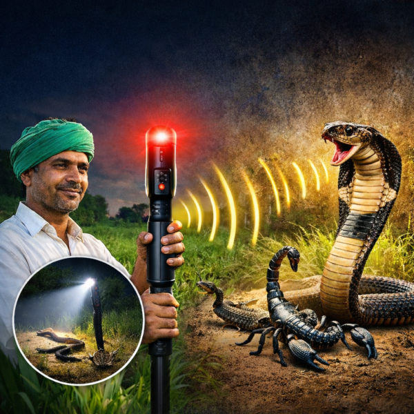 Farmer with Kisan Mitra Chhadi at twilight