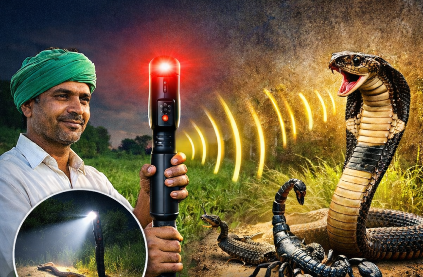 Farmer with Kisan Mitra Chhadi at twilight