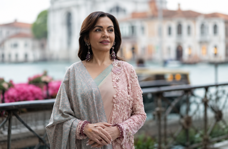Nita Ambani Stuns in Anamika Khanna Ombré Saree Paired With Elegant Swadesh Sozni Shawl