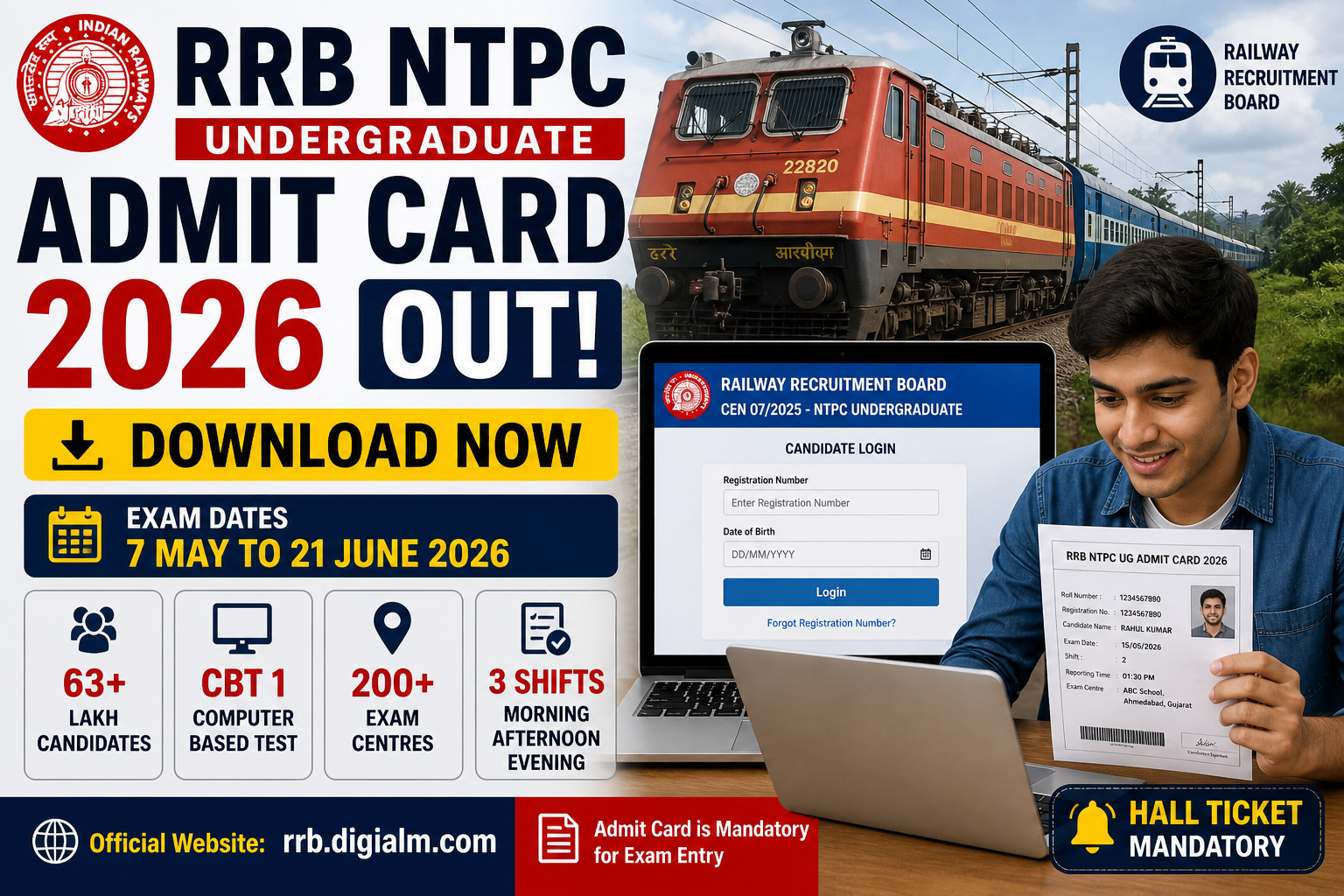 RRB NTPC Admit Card 2026 OUT CBT 1 Hall Ticket जारी