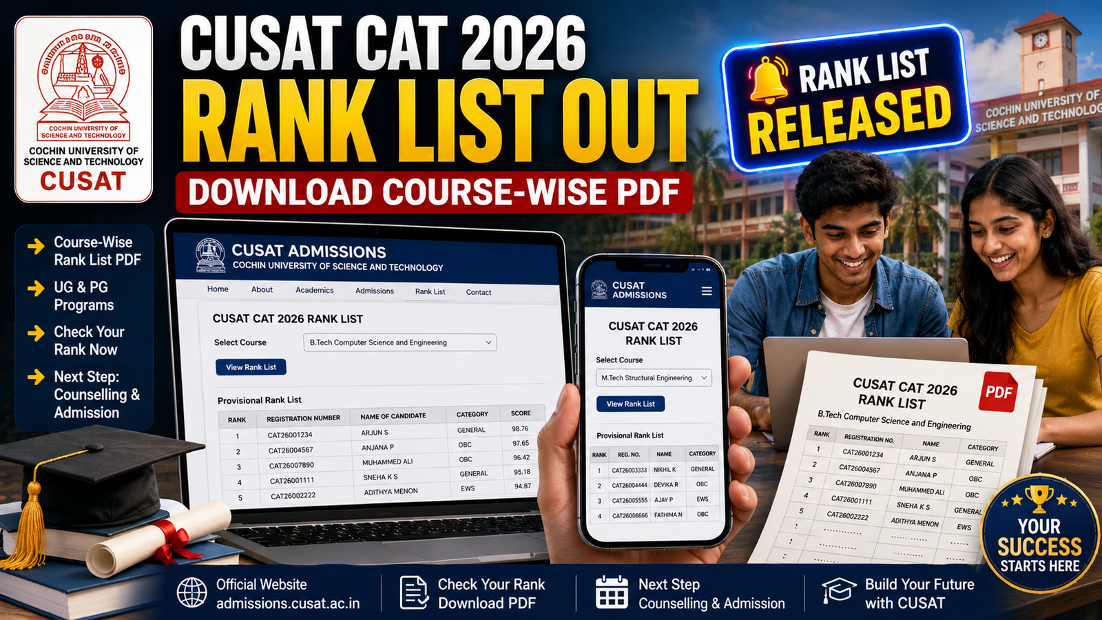 CUSAT CAT 2026 Rank List Released! Check Your Rank & Download PDF Now