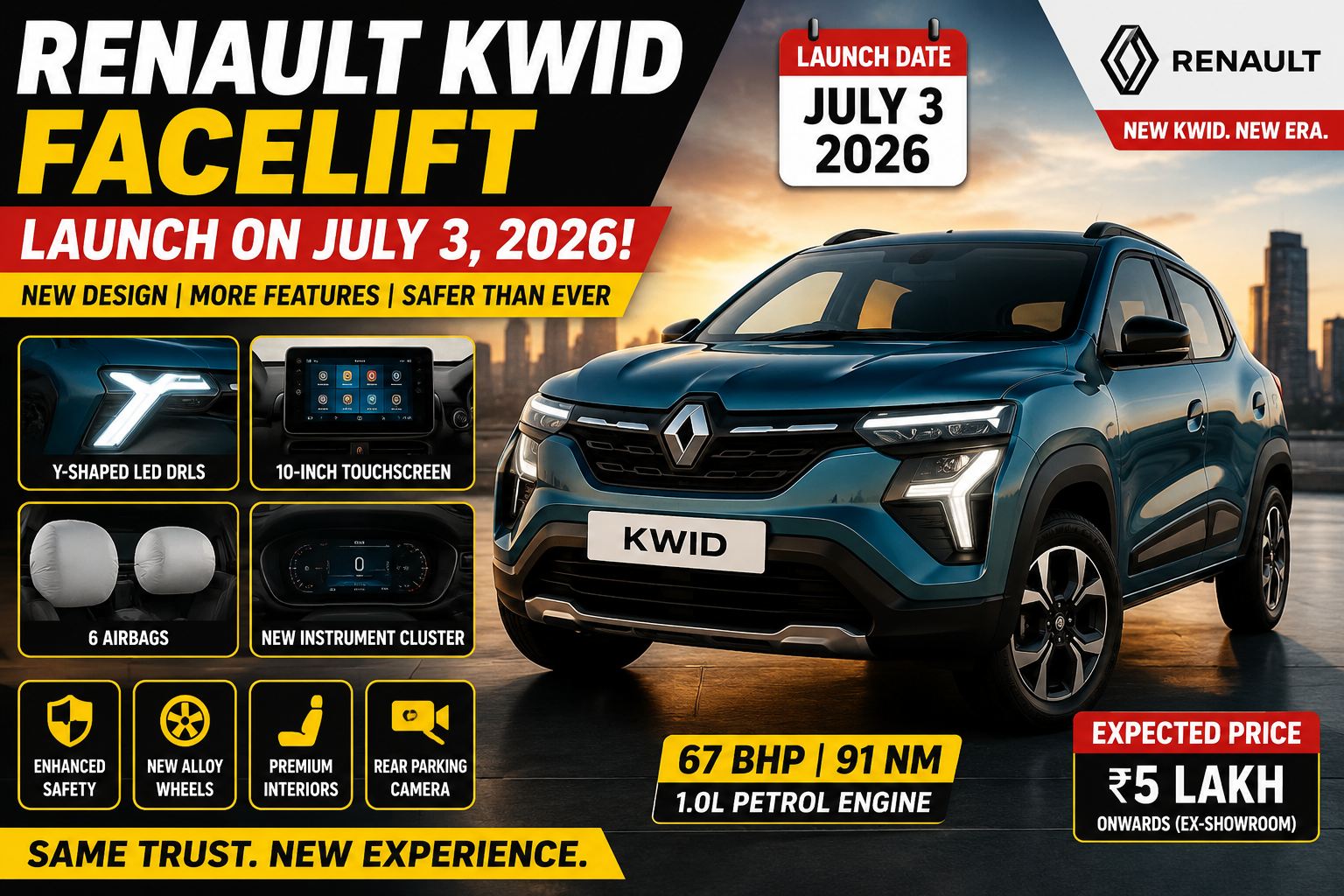 Renault Kwid Facelift Launch on July 3 6 Airbags, 10-Inch Touchscreen, New Design & Expected Price
