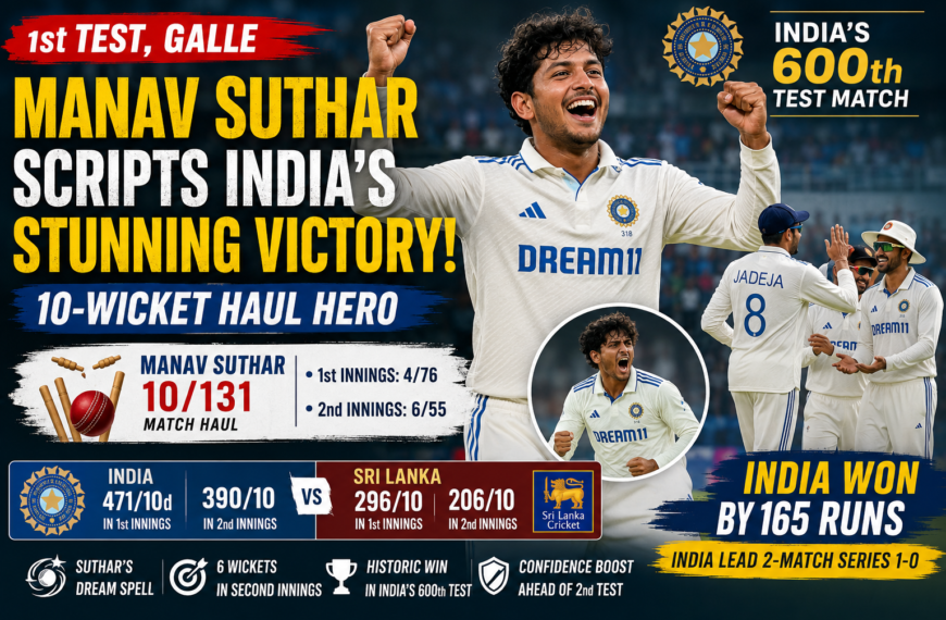 Manav Suthar’s 10-Wicket Haul! India Beat Sri Lanka by 165 Runs