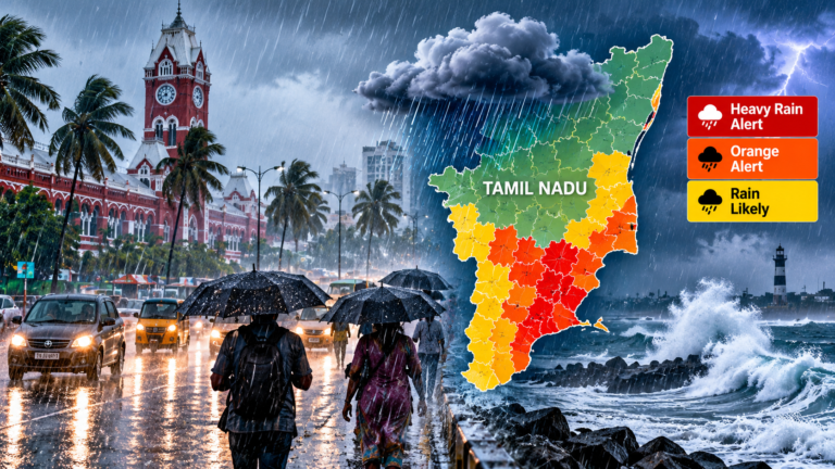 # Tamil Nadu Weather Alert: Orange Alert for 3 Districts Today, Heavy Rain Warning for 29 Districts The India Meteorological Department (IMD) has warned of heavy rainfall across several parts of Tamil Nadu over the next few days as conditions become favourable for the onset of the northeast monsoon over southern peninsular India. According to the report published on October 14, 2026, three districts are under an orange alert today, while rainfall is expected to spread across more districts on October 15 and 16. Chennai and its surrounding areas may also experience rainfall, with heavy showers possible on October 16. ## Orange Alert in 3 Districts Today The IMD has issued an orange alert for three districts in Tamil Nadu on October 14: - Mayiladuthurai - Nagapattinam - Ramanathapuram Heavy rainfall is also possible at isolated places in Thanjavur, Tiruvarur and Cuddalore districts. Residents in the affected areas should remain alert to changing weather conditions and follow official weather updates. ## Orange Alert for 4 Districts Tomorrow On October 15, an orange alert for very heavy rainfall has been issued for four districts: - Nilgiris - Coimbatore - Theni - Virudhunagar People in these districts should take precautions, particularly in areas vulnerable to waterlogging, flooding and weather-related travel disruptions. ## Heavy Rain Expected in 15 Districts on October 15 According to the report, heavy rainfall is likely in the following 15 districts on Thursday, October 15: 1. Mayiladuthurai 2. Nagapattinam 3. Tiruvarur 4. Thanjavur 5. Cuddalore 6. Tenkasi 7. Kanniyakumari 8. Kallakurichi 9. Salem 10. Tiruchirappalli 11. Kancheepuram 12. Chengalpattu 13. Ranipet 14. Tiruppur 15. Dindigul Residents should monitor local forecasts and allow additional travel time if heavy rain affects roads and transport services. ## Heavy Rain Warning for 29 Districts on October 16 The weather department has forecast the possibility of heavy rainfall across 29 districts on Friday, October 16. The districts listed in the report are: Nilgiris, Coimbatore, Erode, Tiruppur, Dindigul, Theni, Virudhunagar, Tenkasi, Kanniyakumari, Ramanathapuram, Sivaganga, Tiruchirappalli, Namakkal, Dharmapuri, Krishnagiri, Salem, Tiruvannamalai, Kallakurichi, Villupuram, Chengalpattu, Kancheepuram, Tiruvallur, Ranipet, Cuddalore, Mayiladuthurai, Nagapattinam, Tiruvarur and Thanjavur. The report states that heavy showers are possible in these areas. Actual rainfall intensity may vary by location. ## When Will It Rain in Chennai? Chennai and its suburban areas may receive moderate rainfall at some places on October 14 and 15. The IMD has also indicated the possibility of heavy rainfall in Chennai on October 16. Residents should keep track of updated forecasts, especially when planning road travel or outdoor activities. ## Northeast Monsoon Conditions Develop The forecast comes as weather conditions become favourable for the onset of the northeast monsoon over southern parts of peninsular India. The northeast monsoon is an important source of rainfall for Tamil Nadu and neighbouring regions. Changes in monsoon conditions can bring widespread showers, with locally intense rainfall in some districts. ## Precautions During Heavy Rain Residents in areas covered by rainfall warnings should: - Follow official IMD and Tamil Nadu government advisories. - Avoid crossing flooded roads, overflowing streams and waterlogged underpasses. - Take extra care when travelling during intense rainfall. - Keep away from exposed electrical wires and flooded electrical installations. - Follow local authorities' instructions if flooding or other emergencies occur. The district-wise forecast is based on the report published on October 14, 2026. Residents should check the latest IMD bulletins for updated alert levels and local conditions.