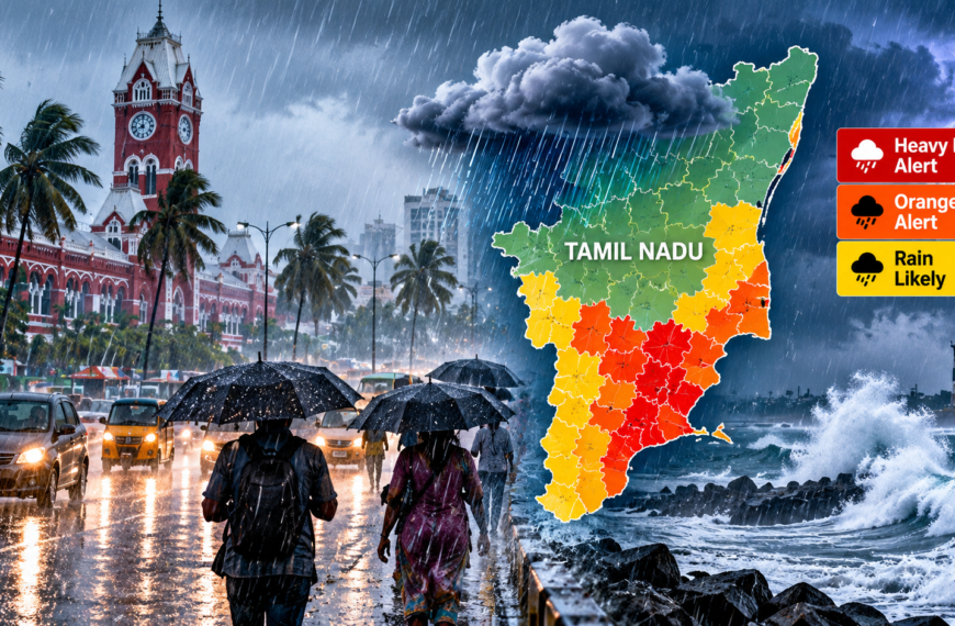 # Tamil Nadu Weather Alert: Orange Alert for 3 Districts Today, Heavy Rain Warning for 29 Districts The India Meteorological Department (IMD) has warned of heavy rainfall across several parts of Tamil Nadu over the next few days as conditions become favourable for the onset of the northeast monsoon over southern peninsular India. According to the report published on October 14, 2026, three districts are under an orange alert today, while rainfall is expected to spread across more districts on October 15 and 16. Chennai and its surrounding areas may also experience rainfall, with heavy showers possible on October 16. ## Orange Alert in 3 Districts Today The IMD has issued an orange alert for three districts in Tamil Nadu on October 14: - Mayiladuthurai - Nagapattinam - Ramanathapuram Heavy rainfall is also possible at isolated places in Thanjavur, Tiruvarur and Cuddalore districts. Residents in the affected areas should remain alert to changing weather conditions and follow official weather updates. ## Orange Alert for 4 Districts Tomorrow On October 15, an orange alert for very heavy rainfall has been issued for four districts: - Nilgiris - Coimbatore - Theni - Virudhunagar People in these districts should take precautions, particularly in areas vulnerable to waterlogging, flooding and weather-related travel disruptions. ## Heavy Rain Expected in 15 Districts on October 15 According to the report, heavy rainfall is likely in the following 15 districts on Thursday, October 15: 1. Mayiladuthurai 2. Nagapattinam 3. Tiruvarur 4. Thanjavur 5. Cuddalore 6. Tenkasi 7. Kanniyakumari 8. Kallakurichi 9. Salem 10. Tiruchirappalli 11. Kancheepuram 12. Chengalpattu 13. Ranipet 14. Tiruppur 15. Dindigul Residents should monitor local forecasts and allow additional travel time if heavy rain affects roads and transport services. ## Heavy Rain Warning for 29 Districts on October 16 The weather department has forecast the possibility of heavy rainfall across 29 districts on Friday, October 16. The districts listed in the report are: Nilgiris, Coimbatore, Erode, Tiruppur, Dindigul, Theni, Virudhunagar, Tenkasi, Kanniyakumari, Ramanathapuram, Sivaganga, Tiruchirappalli, Namakkal, Dharmapuri, Krishnagiri, Salem, Tiruvannamalai, Kallakurichi, Villupuram, Chengalpattu, Kancheepuram, Tiruvallur, Ranipet, Cuddalore, Mayiladuthurai, Nagapattinam, Tiruvarur and Thanjavur. The report states that heavy showers are possible in these areas. Actual rainfall intensity may vary by location. ## When Will It Rain in Chennai? Chennai and its suburban areas may receive moderate rainfall at some places on October 14 and 15. The IMD has also indicated the possibility of heavy rainfall in Chennai on October 16. Residents should keep track of updated forecasts, especially when planning road travel or outdoor activities. ## Northeast Monsoon Conditions Develop The forecast comes as weather conditions become favourable for the onset of the northeast monsoon over southern parts of peninsular India. The northeast monsoon is an important source of rainfall for Tamil Nadu and neighbouring regions. Changes in monsoon conditions can bring widespread showers, with locally intense rainfall in some districts. ## Precautions During Heavy Rain Residents in areas covered by rainfall warnings should: - Follow official IMD and Tamil Nadu government advisories. - Avoid crossing flooded roads, overflowing streams and waterlogged underpasses. - Take extra care when travelling during intense rainfall. - Keep away from exposed electrical wires and flooded electrical installations. - Follow local authorities' instructions if flooding or other emergencies occur. The district-wise forecast is based on the report published on October 14, 2026. Residents should check the latest IMD bulletins for updated alert levels and local conditions.