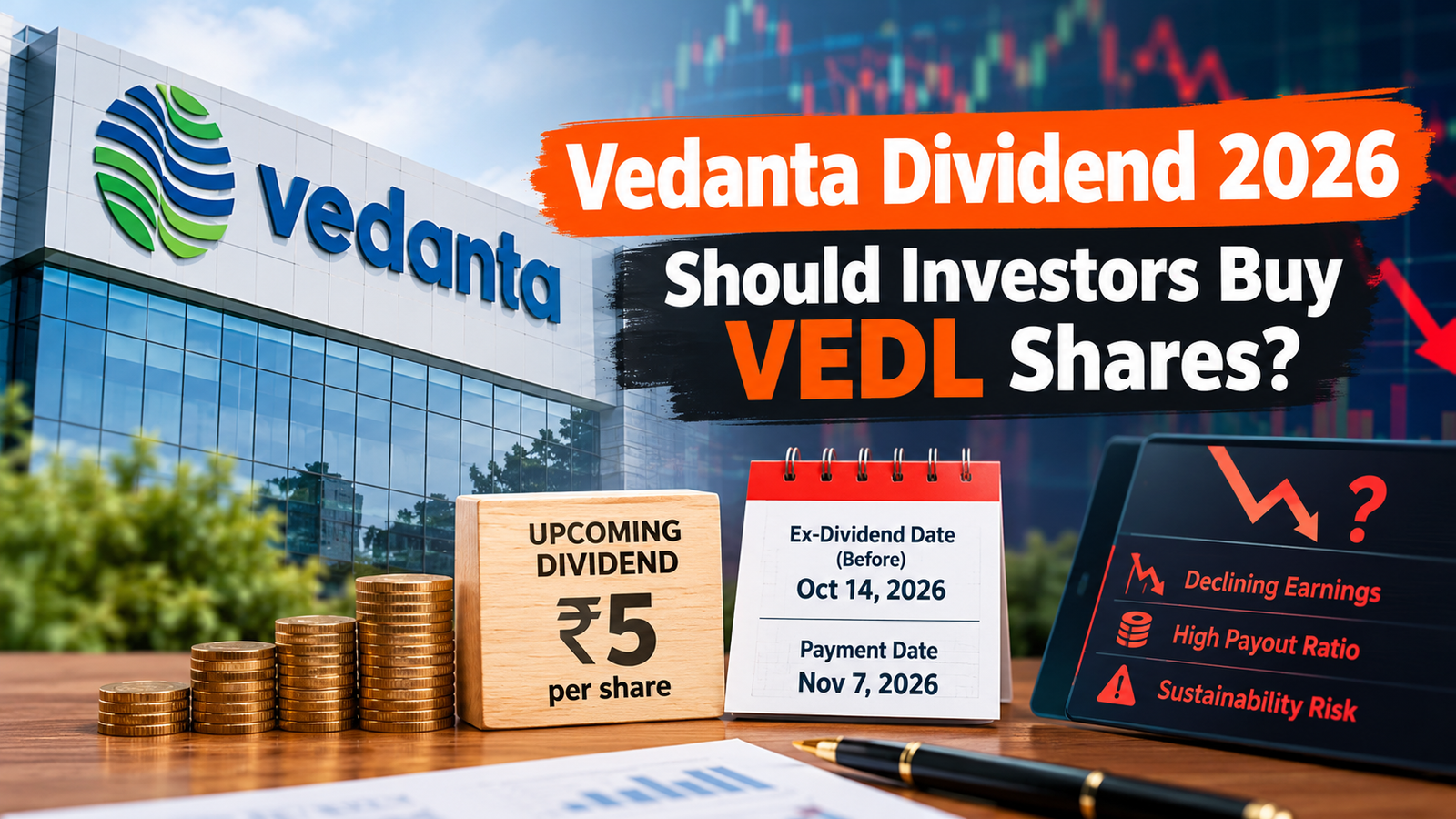 # Vedanta Dividend 2026: Should Investors Buy VEDL Shares? **Vedanta Limited dividend update:** Vedanta Limited (NSE: VEDL) is in focus ahead of its upcoming ₹5 per-share dividend. However, declining earnings and a high dividend payout ratio raise questions about whether the company can sustain its dividend payments over the long term. According to a Simply Wall St report dated October 11, 2026, Vedanta shares were trading at approximately ₹264, giving the stock a trailing dividend yield of around 6.1% based on its previous year's dividend payments. ## Vedanta Dividend 2026: Key Details Vedanta's upcoming dividend announcement is attracting attention from income-focused investors. However, investors should examine the company's earnings, cash flow and financial performance before purchasing shares solely to receive a dividend. Key figures reported by Simply Wall St include: - **Upcoming dividend:** ₹5 per share - **Share price cited:** ₹264 - **Trailing dividend yield:** Approximately 6.1% - **Previous year's total dividends:** ₹34 per share - **Dividend payment date:** November 7, 2026 - **Reported ex-dividend timing:** Before October 14, 2026 Investors should verify the official exchange announcement for the confirmed ex-dividend date, record date and eligibility requirements before making a trading decision. ## Vedanta's Dividend Payout Raises Concerns One of the main concerns highlighted in the report is Vedanta's dividend payout ratio. The company reportedly distributed approximately 155% of its profits as dividends over the previous year. A payout ratio above 100% means a company has distributed more than its reported earnings during the period. Although this can happen because of one-off factors or differences between accounting profits and available cash, it may be difficult to sustain indefinitely. The report also states that Vedanta paid out approximately 71% of its free cash flow as dividends. This suggests that cash flow covered the dividend payments during the period, but it leaves less cash available for other priorities, including debt reduction, capital expenditure and business expansion. ## Earnings Decline Could Affect Future Dividends Another concern is the company's earnings performance. According to Simply Wall St, Vedanta's earnings per share declined at an average annual rate of approximately 11% over the previous five years. Falling earnings can make dividend growth harder to maintain. If profits continue to decline while dividend payments remain high, the company may eventually need to reduce its dividend or rely on other sources of funding. The report also notes that Vedanta increased its dividend by approximately 8.6% annually on average over the previous decade. However, historical dividend growth does not guarantee that the company will continue increasing its payments. ## What Should Investors Check Before Buying Vedanta Shares? Investors considering Vedanta for its dividend should evaluate several factors before making a decision. **1. Official dividend dates:** Confirm the ex-dividend date, record date and payment date through the company's official announcement and stock exchange filings. **2. Earnings sustainability:** Review recent quarterly results and assess whether earnings are recovering or continuing to decline. **3. Cash flow coverage:** Check whether operating cash flow and free cash flow can support dividend payments alongside capital expenditure and other financial commitments. **4. Debt and financial obligations:** Evaluate debt levels, interest expenses, refinancing requirements and the company's ability to fund future investments. **5. Share-price risk:** A dividend payment does not guarantee a profit. Share prices can fall, and the stock may adjust around the ex-dividend date. Taxes and transaction costs can also affect the final return. ## Is Vedanta a Good Dividend Stock? Vedanta's reported dividend yield may attract investors seeking regular income. However, the combination of declining earnings and a payout ratio above 100% creates questions about the sustainability of future distributions. Simply Wall St's assessment is cautious, indicating that investors should carefully weigh the dividend against the company's earnings trajectory and cash requirements. Investors should not buy Vedanta shares solely to qualify for the upcoming dividend. A more informed decision requires reviewing the latest financial statements, official corporate announcements, valuation and individual risk tolerance. *This article is for informational purposes only and is not investment advice. Dividend figures, dates and financial ratios should be independently verified before investing.*